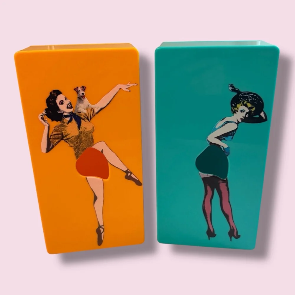 Retro Pin Up Girl Flying Skirt Tissue Box Dispenser Wall Mount Set Orange Teal